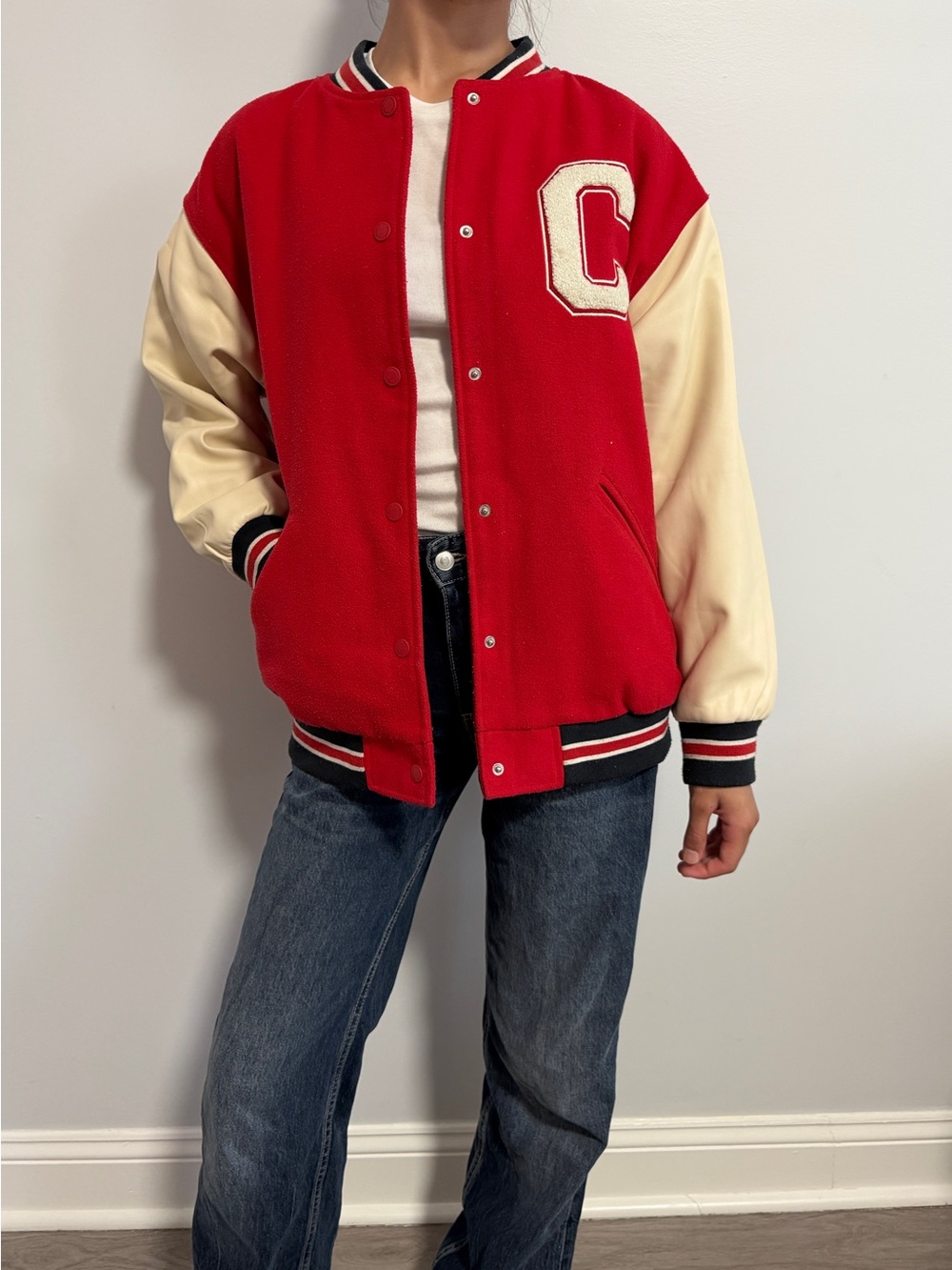 Zara Red and Cream Varsity Letterman Jacket